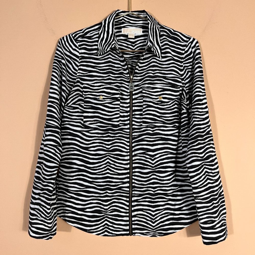 Michael Kors Full Zip Zebra Print Long Sleeve Top/Blouse Women's S
